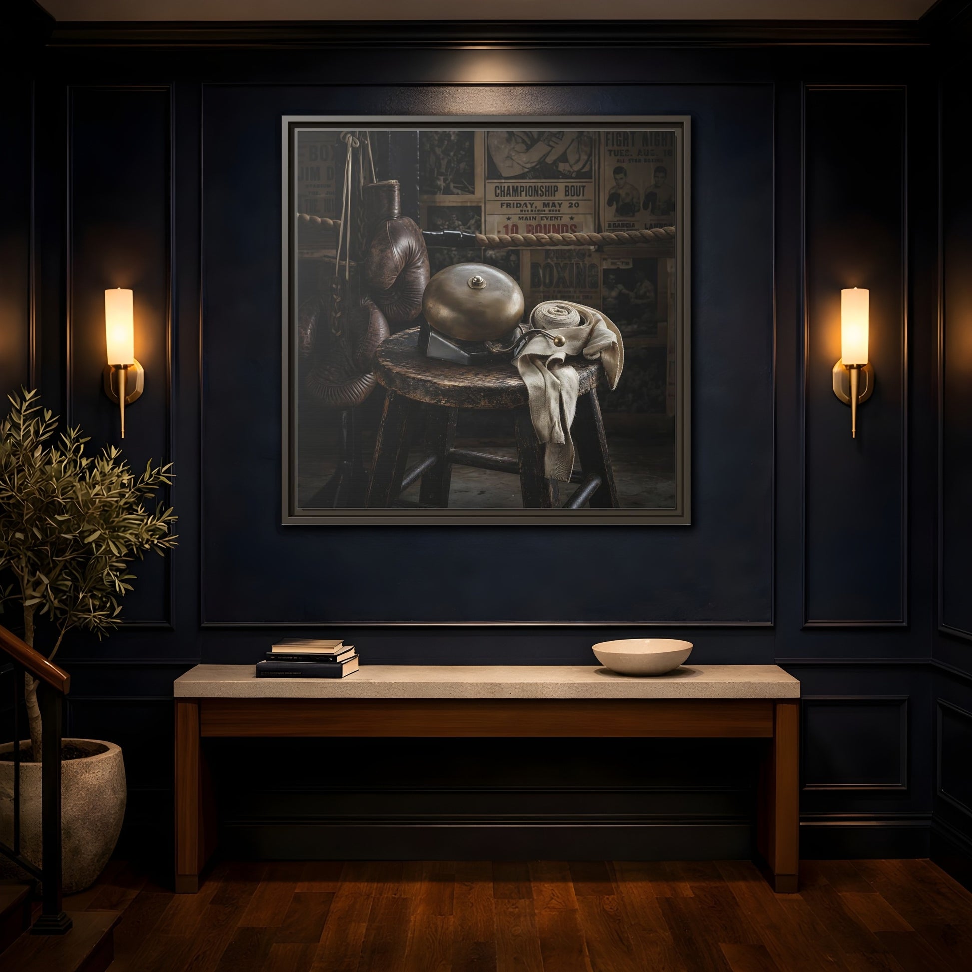 Mockup 4. Vintage Boxing Gym Still Life shown as framed canvas print