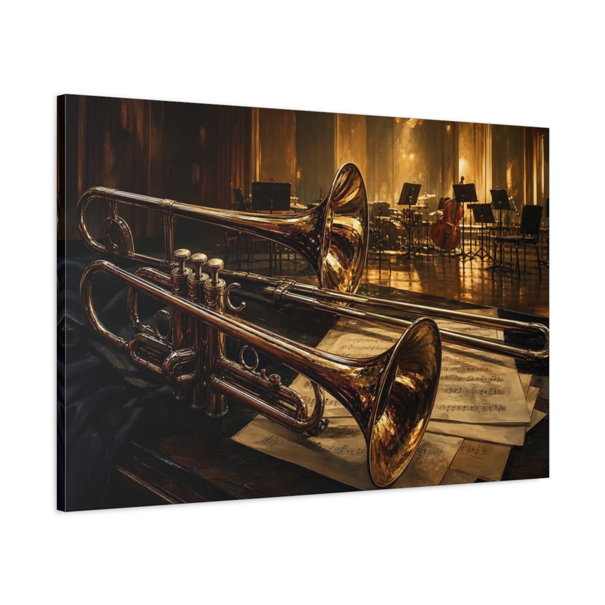 Main Mockup. Vintage Brass Instruments Golden Brass Instruments shown as canvas print