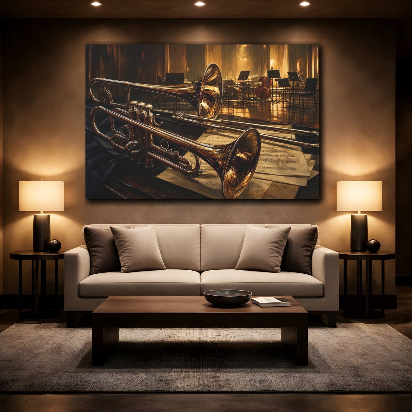 Mockup 2. Vintage Brass Instruments Golden Brass Instruments shown as canvas print