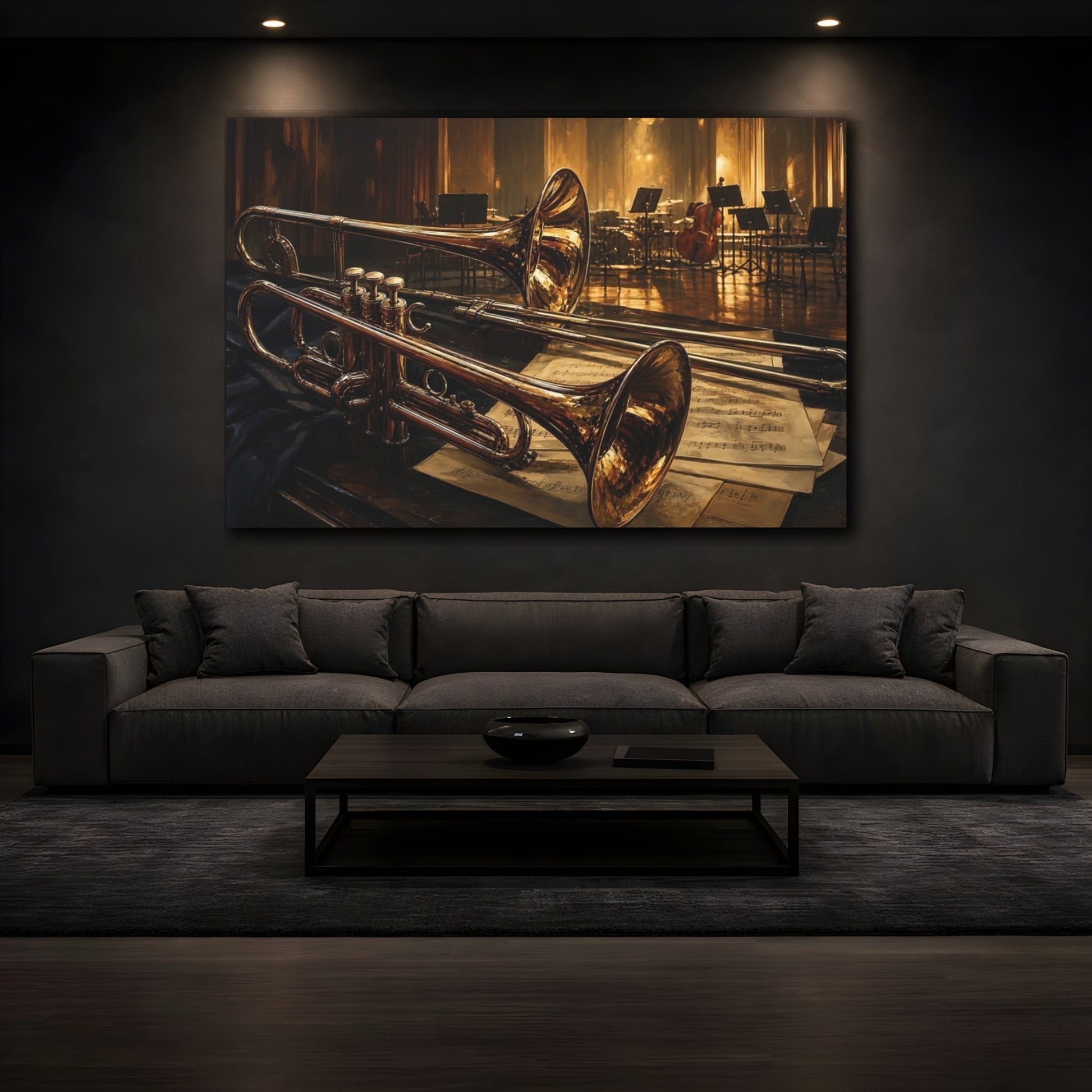 Mockup 3. Vintage Brass Instruments Golden Brass Instruments shown as canvas print