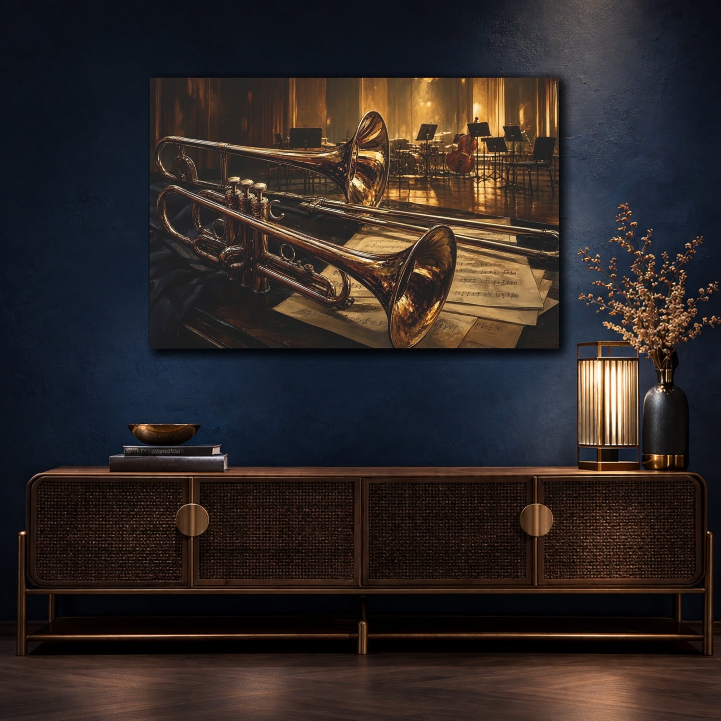 Mockup 4. Vintage Brass Instruments Golden Brass Instruments shown as canvas print