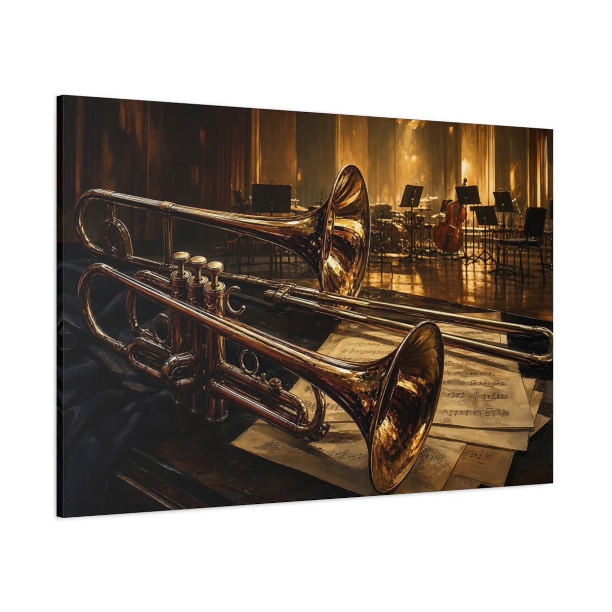Side Mockup 1. Vintage Brass Instruments Golden Brass Instruments shown as canvas print