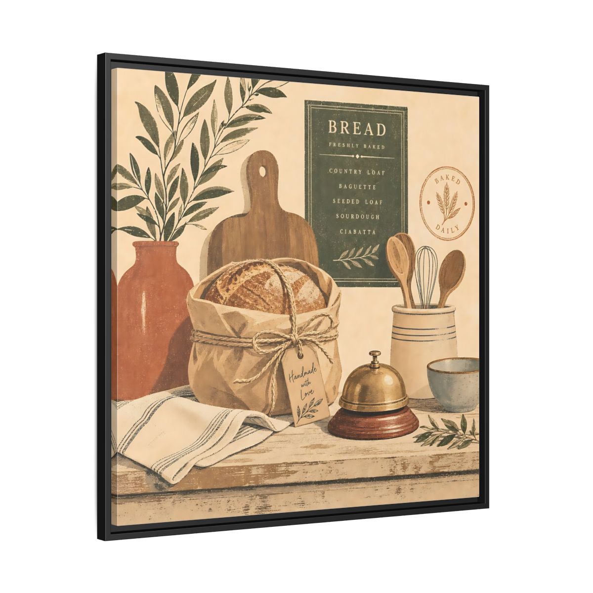 Side Mockup 30. Vintage Bread Rustic Bakery shown as stretched canvas wall art