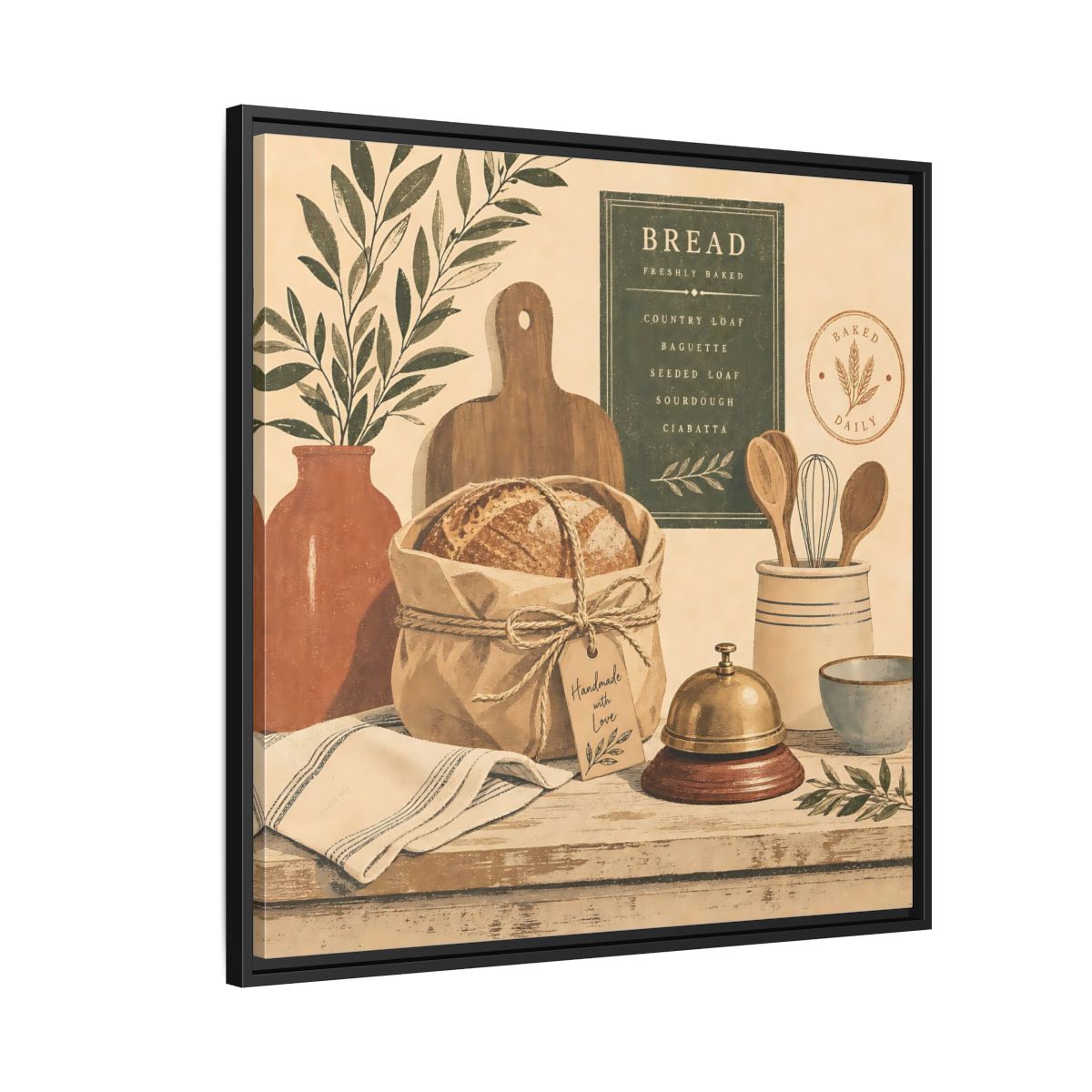 Side Mockup 9. Vintage Bread Rustic Bakery shown as stretched canvas wall art