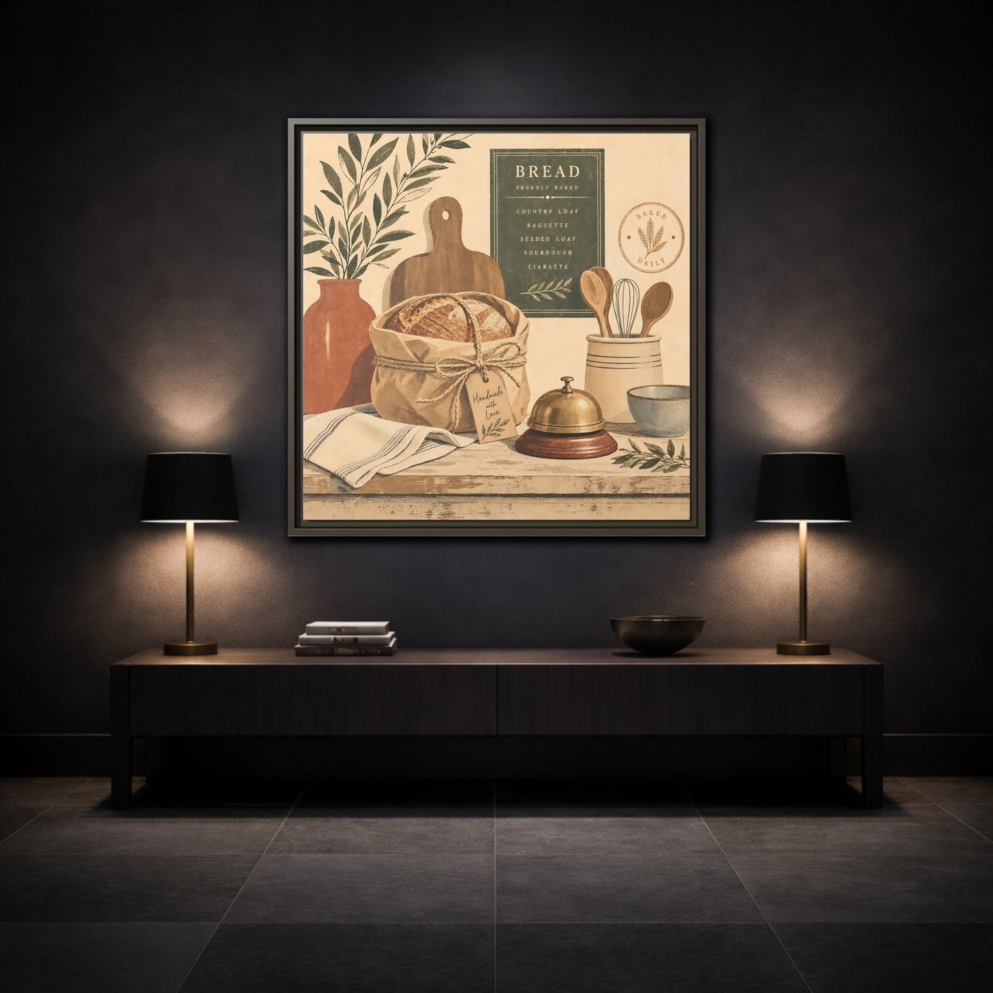 Mockup 3. Vintage Bread Rustic Bakery shown as stretched canvas wall art