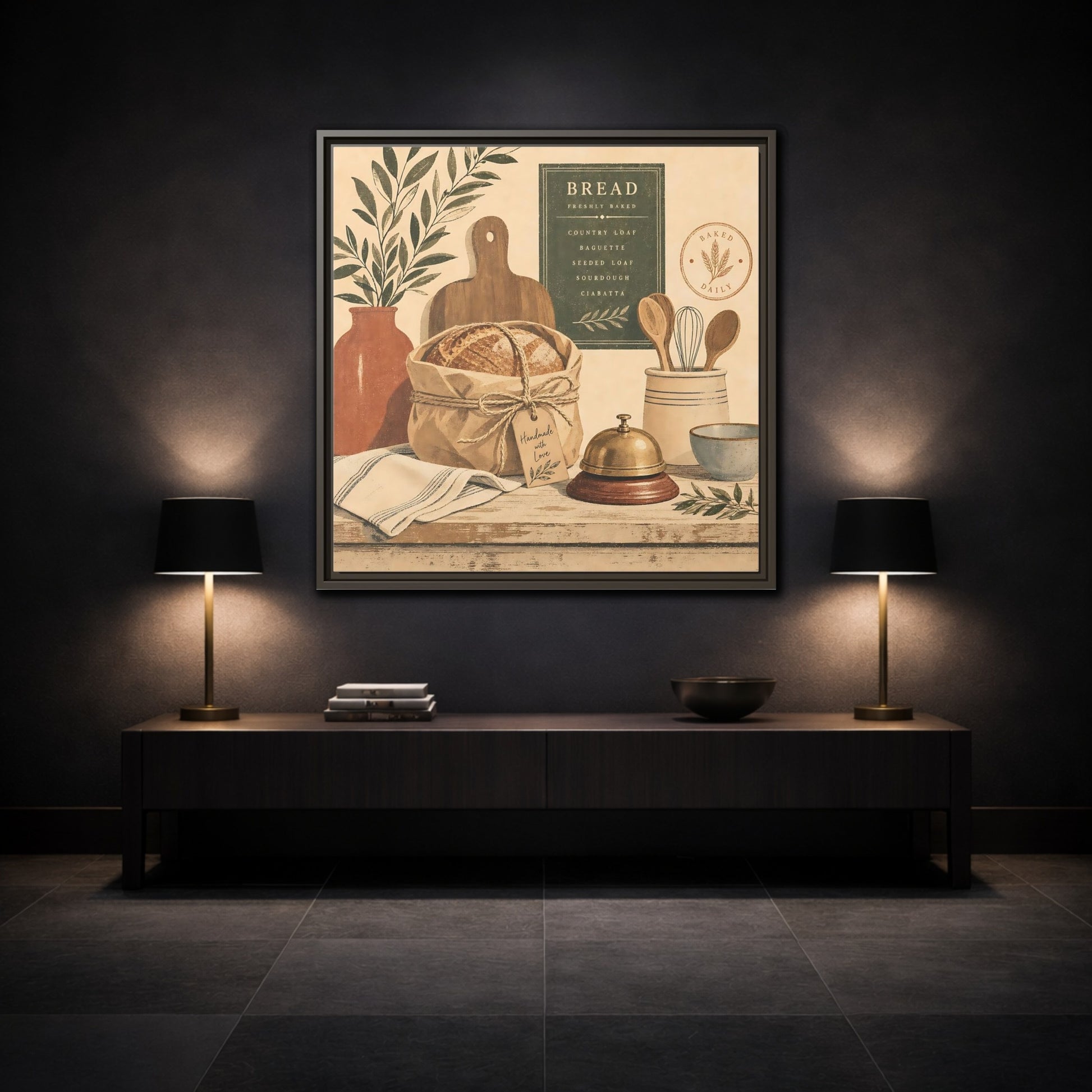 Mockup 3. Vintage Bread Rustic Bakery shown as stretched canvas wall art