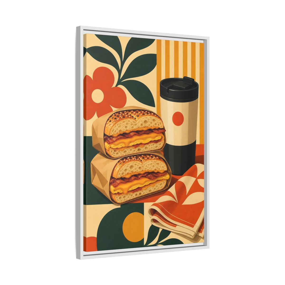 Side Mockup 10. Vintage Breakfast Bagels Orange Green Breakfast shown as framed canvas print