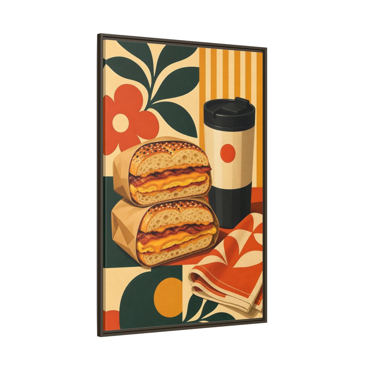 Side Mockup 8. Vintage Breakfast Bagels Orange Green Breakfast shown as framed canvas print