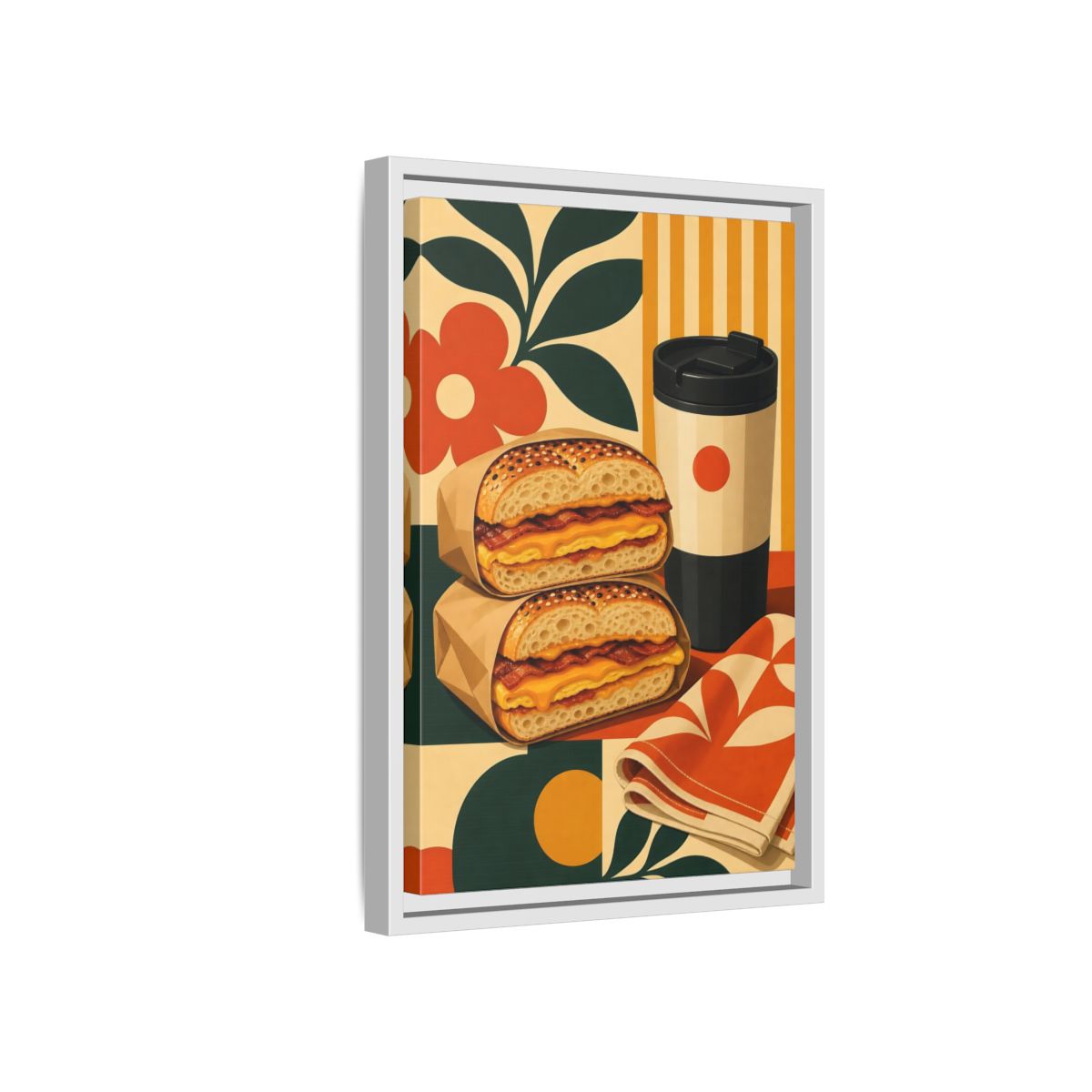 Side Mockup 4. Vintage Breakfast Bagels Orange Green Breakfast shown as framed canvas print