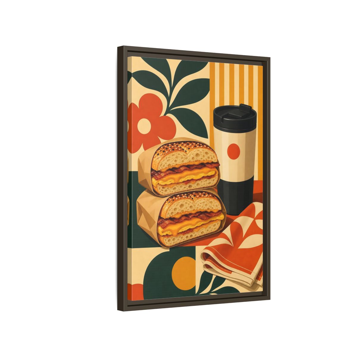 Side Mockup 2. Vintage Breakfast Bagels Orange Green Breakfast shown as framed canvas print