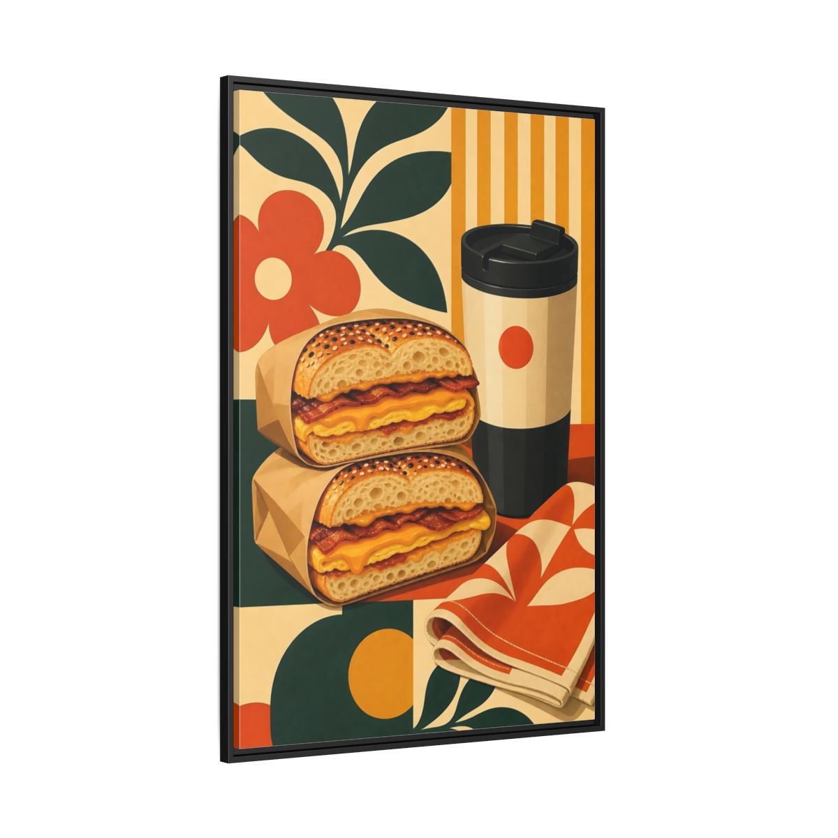 Side Mockup 12. Vintage Breakfast Bagels Orange Green Breakfast shown as framed canvas print