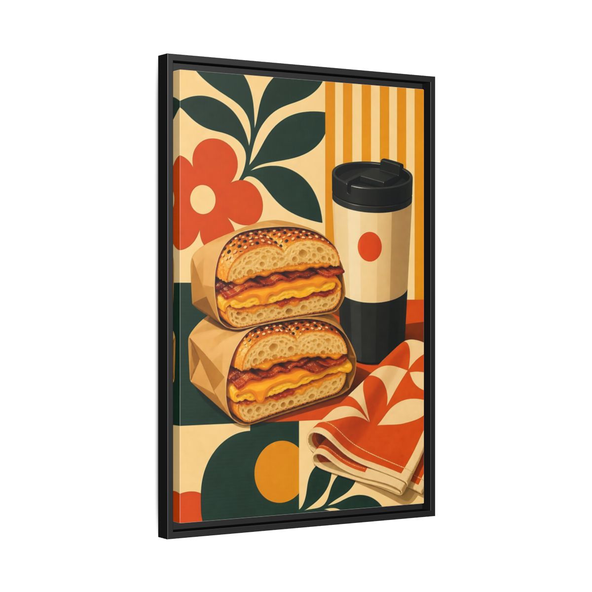 Side Mockup 14. Vintage Breakfast Bagels Orange Green Breakfast shown as framed canvas print