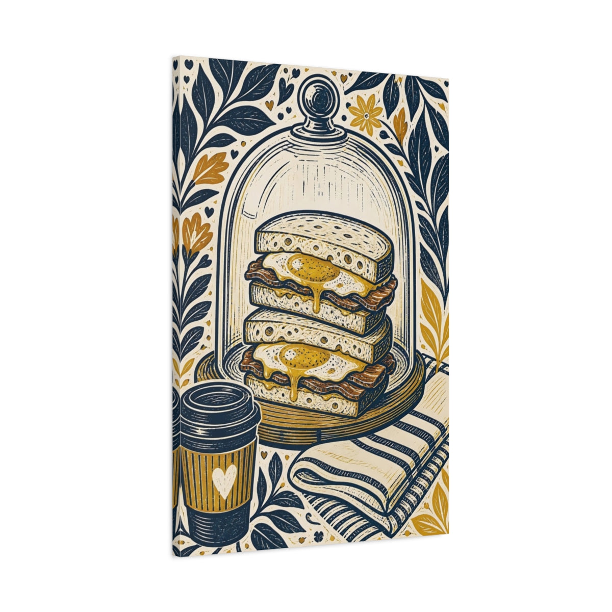 Main Mockup. Vintage Breakfast Navy Gold Breakfast shown as stretched canvas wall art