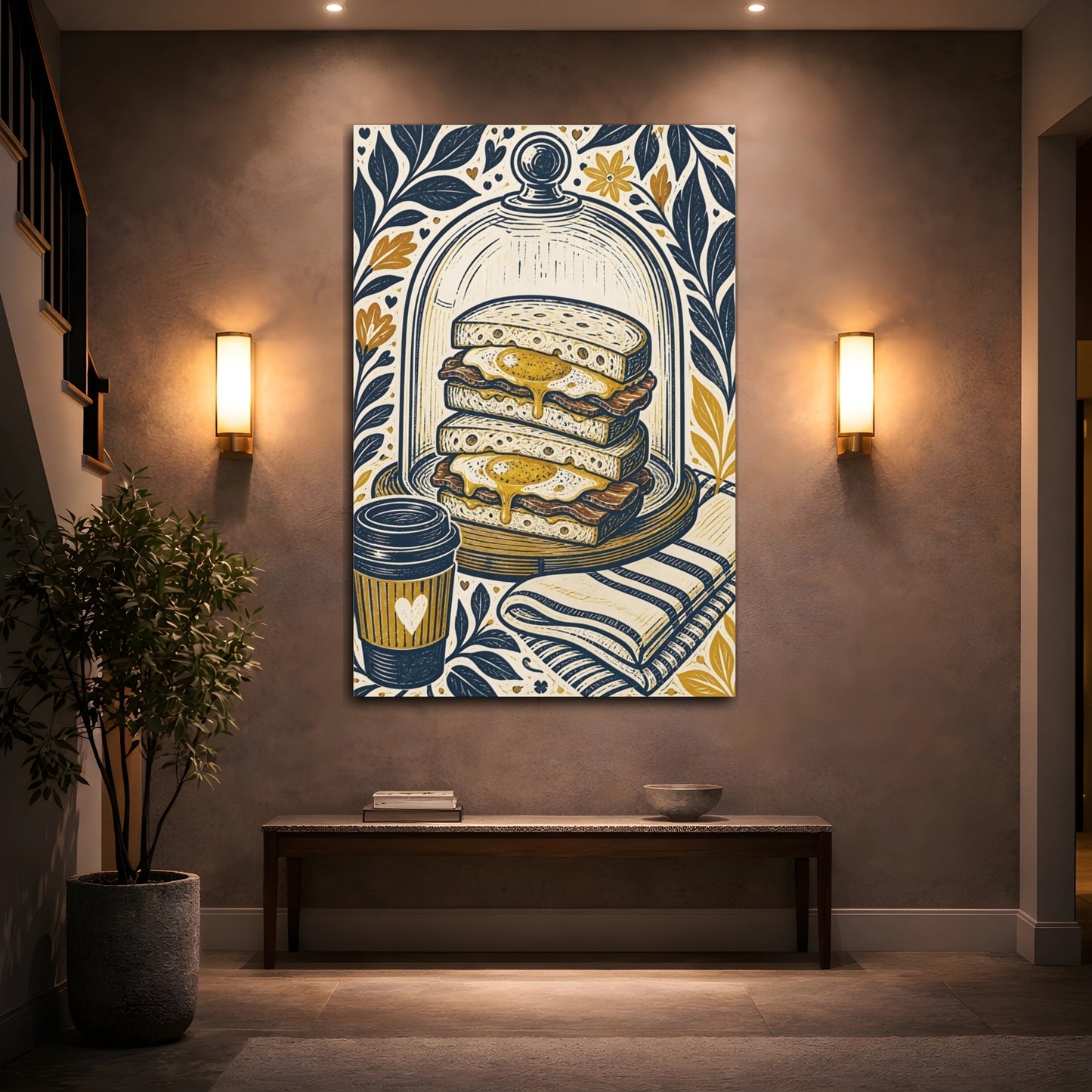 Mockup 2. Vintage Breakfast Navy Gold Breakfast shown as stretched canvas wall art