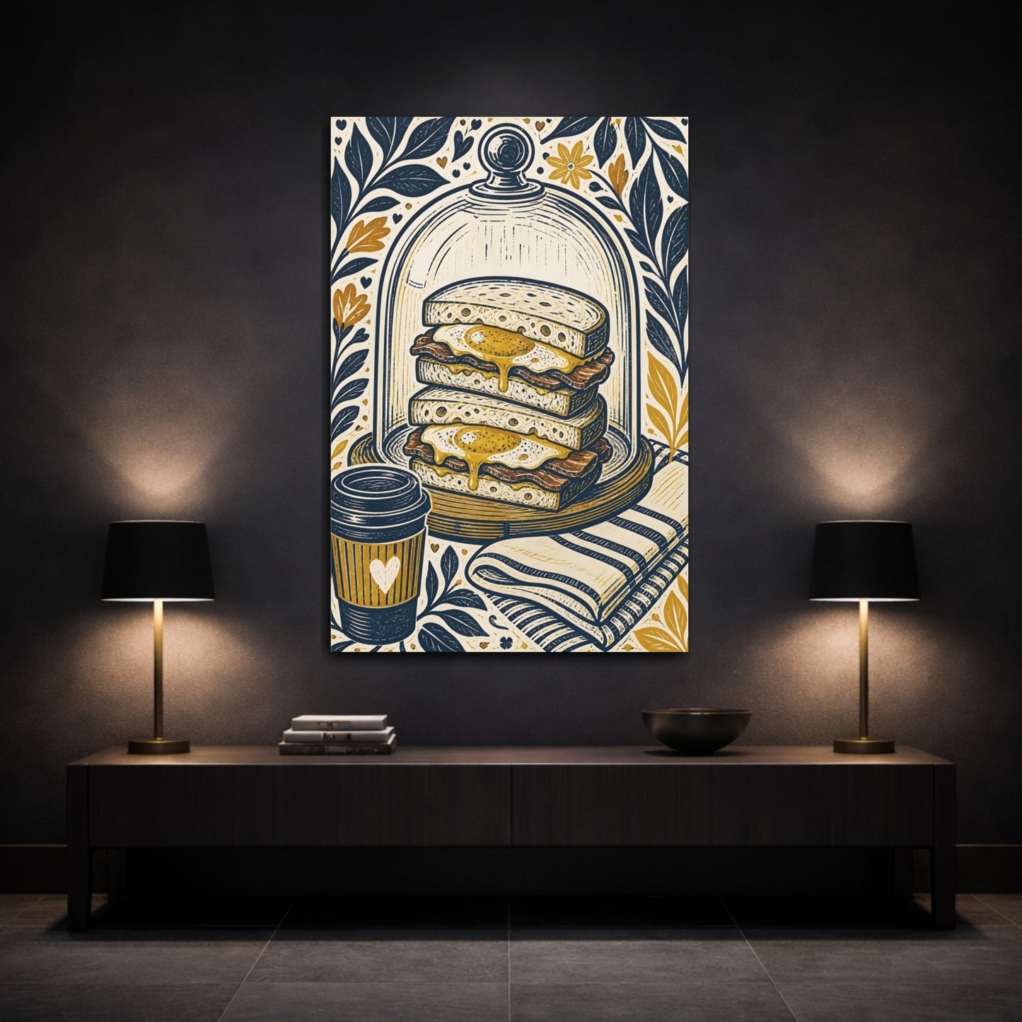 Mockup 3. Vintage Breakfast Navy Gold Breakfast shown as stretched canvas wall art