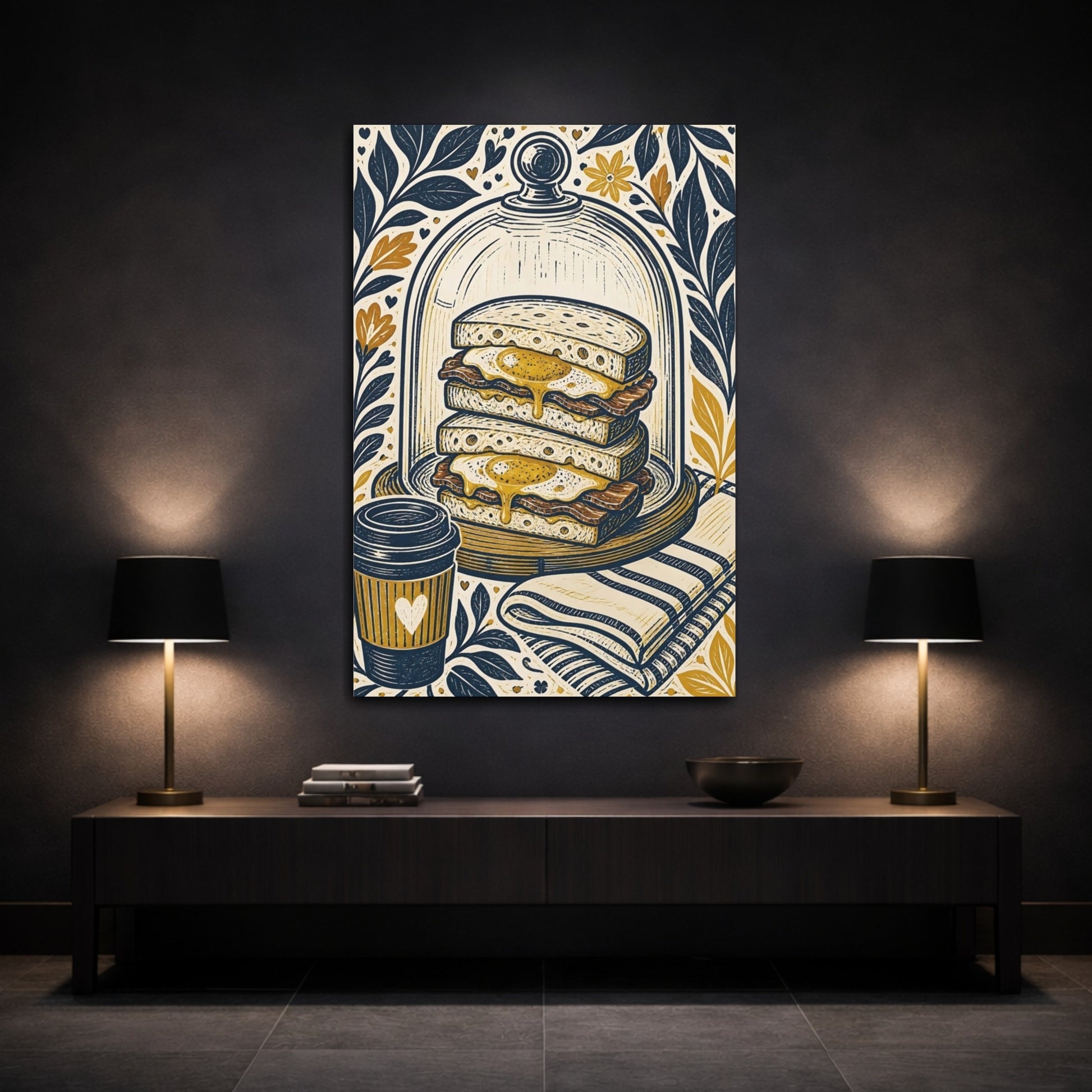 Mockup 3. Vintage Breakfast Navy Gold Breakfast shown as stretched canvas wall art