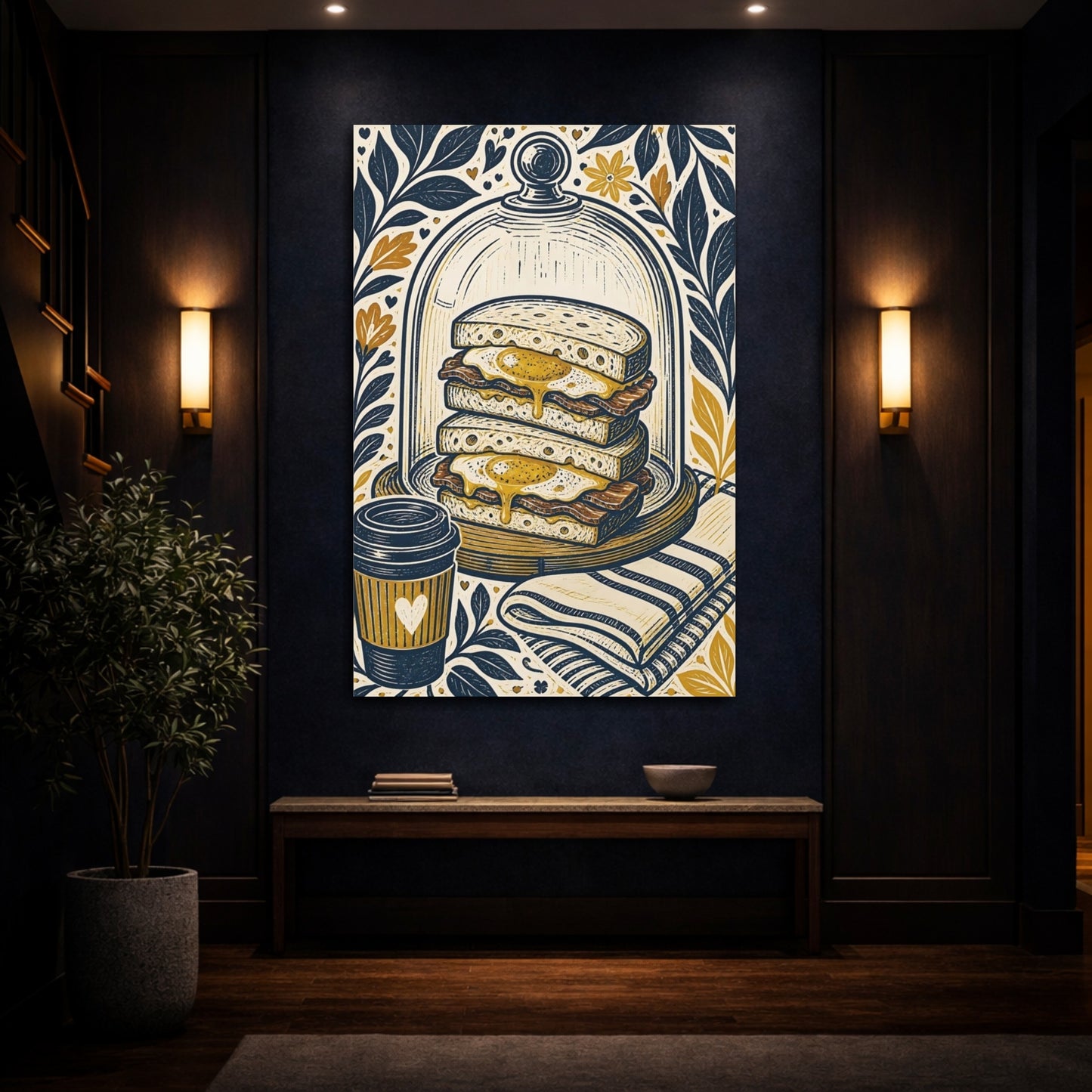 Mockup 4. Vintage Breakfast Navy Gold Breakfast shown as stretched canvas wall art