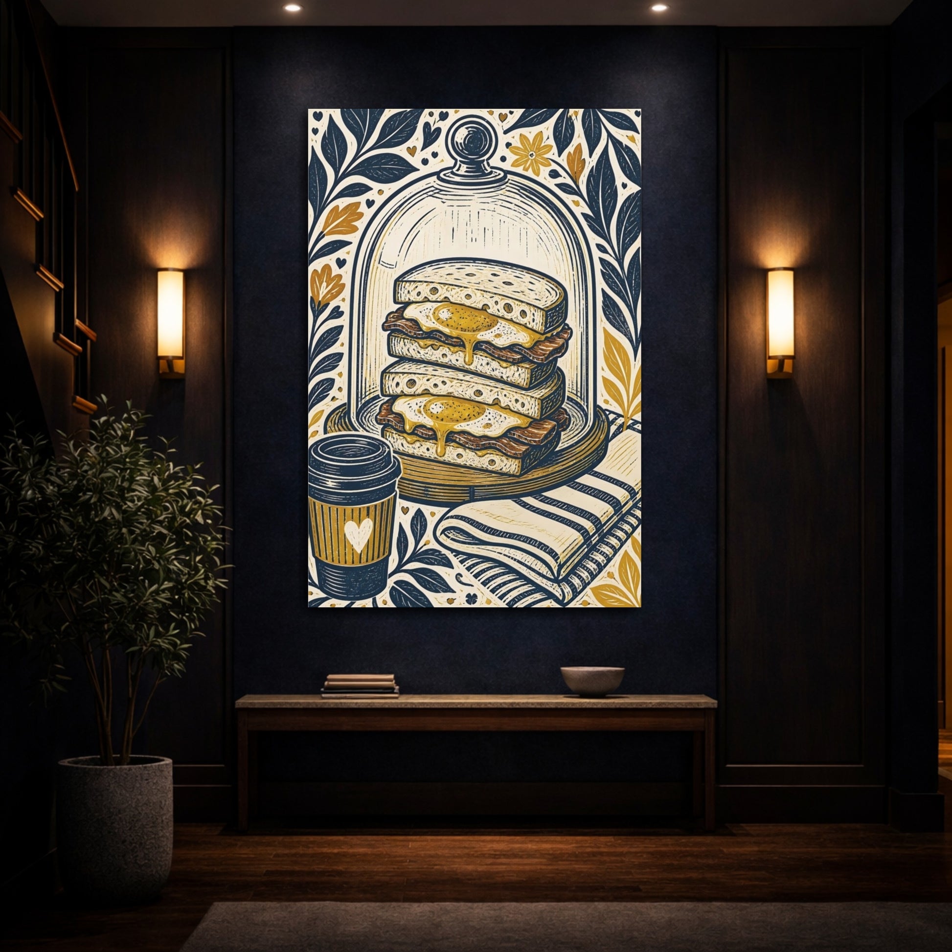 Mockup 4. Vintage Breakfast Navy Gold Breakfast shown as stretched canvas wall art