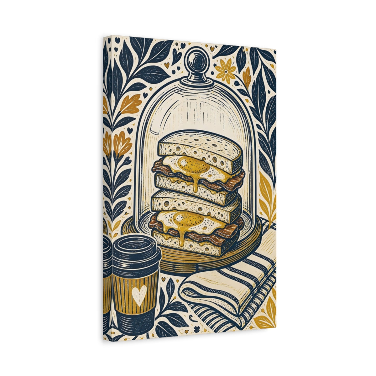 Side Mockup 4. Vintage Breakfast Navy Gold Breakfast shown as stretched canvas wall art