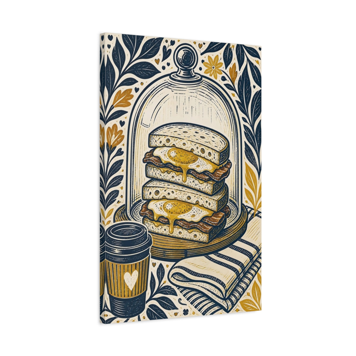 Side Mockup 2. Vintage Breakfast Navy Gold Breakfast shown as stretched canvas wall art