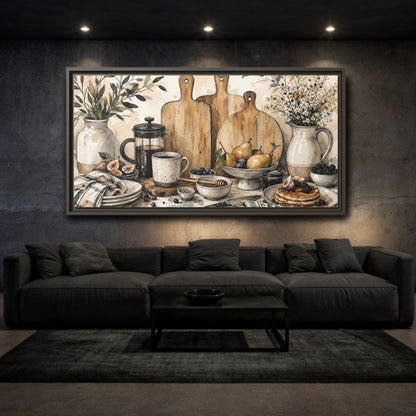 Mockup 3. Vintage Breakfast Rustic Breakfast shown as framed canvas print