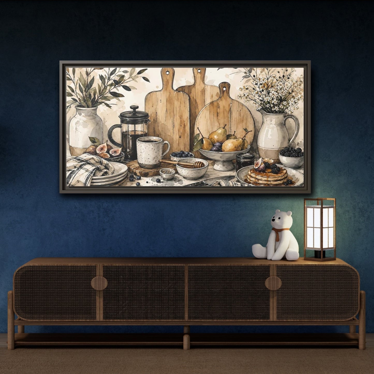 Mockup 4. Vintage Breakfast Rustic Breakfast shown as framed canvas print