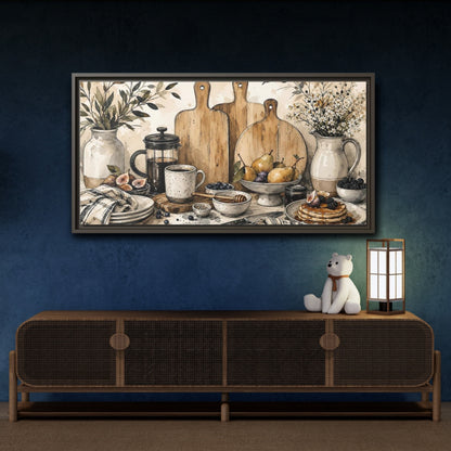 Mockup 4. Vintage Breakfast Rustic Breakfast shown as framed canvas print