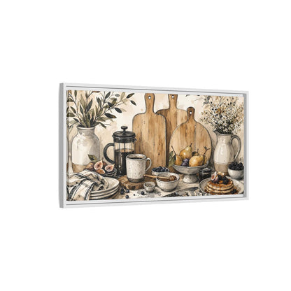 Side Mockup 1. Vintage Breakfast Rustic Breakfast shown as framed canvas print