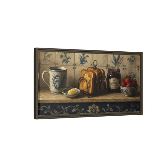 Main Mockup. Vintage Breakfast Spread Blue And White Breakfast shown as framed canvas print