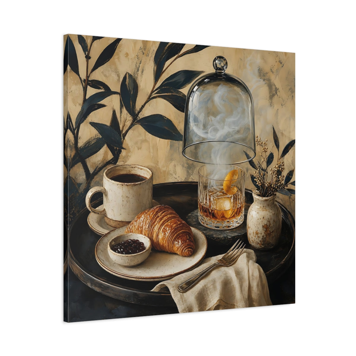Main Mockup. Vintage Breakfast Spread Brown And Gold Breakfast shown as stretched canvas wall art
