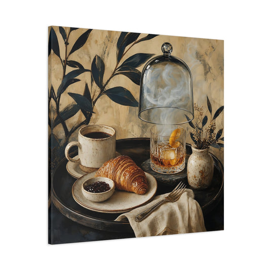 Main Mockup. Vintage Breakfast Spread Brown And Gold Breakfast shown as stretched canvas wall art