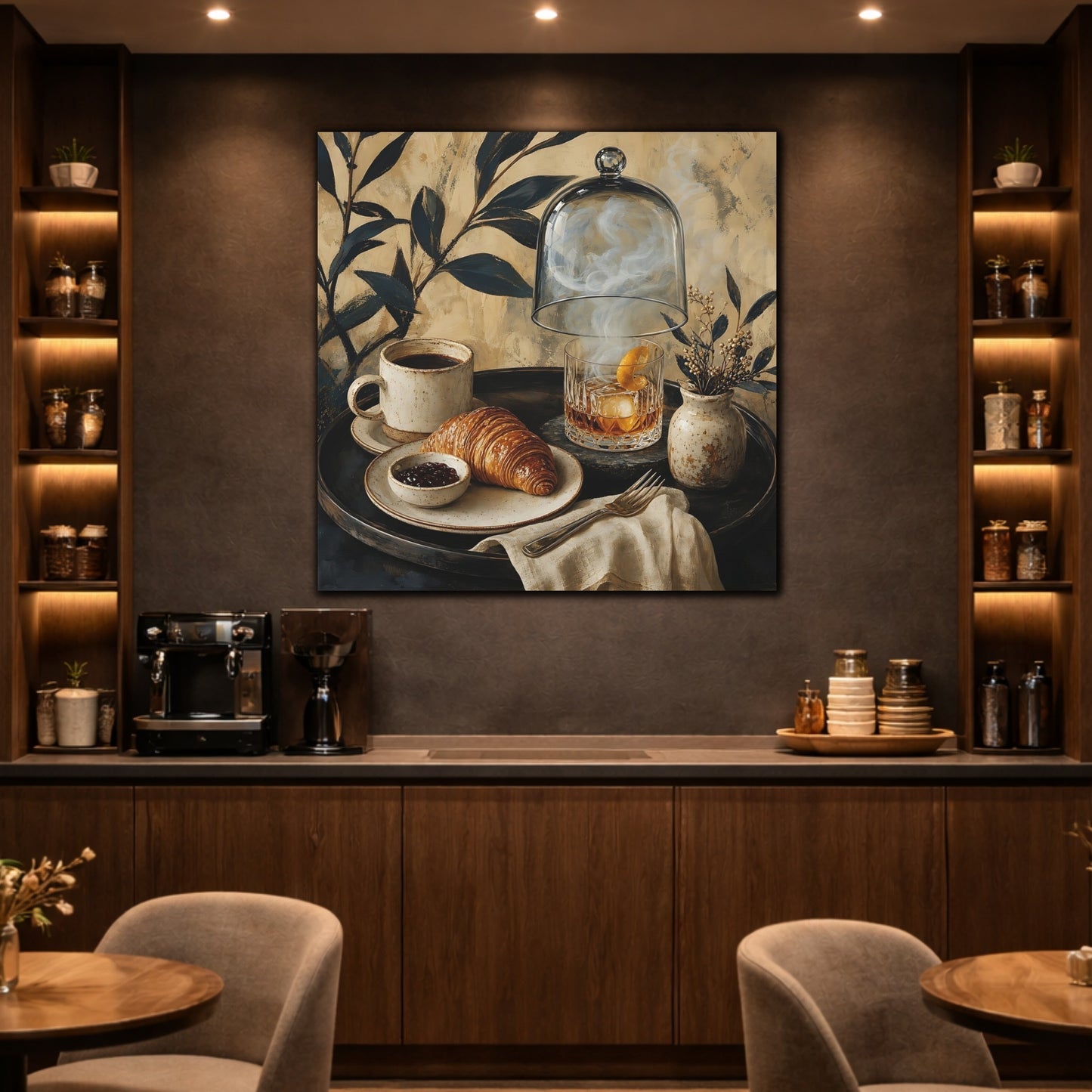 Mockup 2. Vintage Breakfast Spread Brown And Gold Breakfast shown as stretched canvas wall art