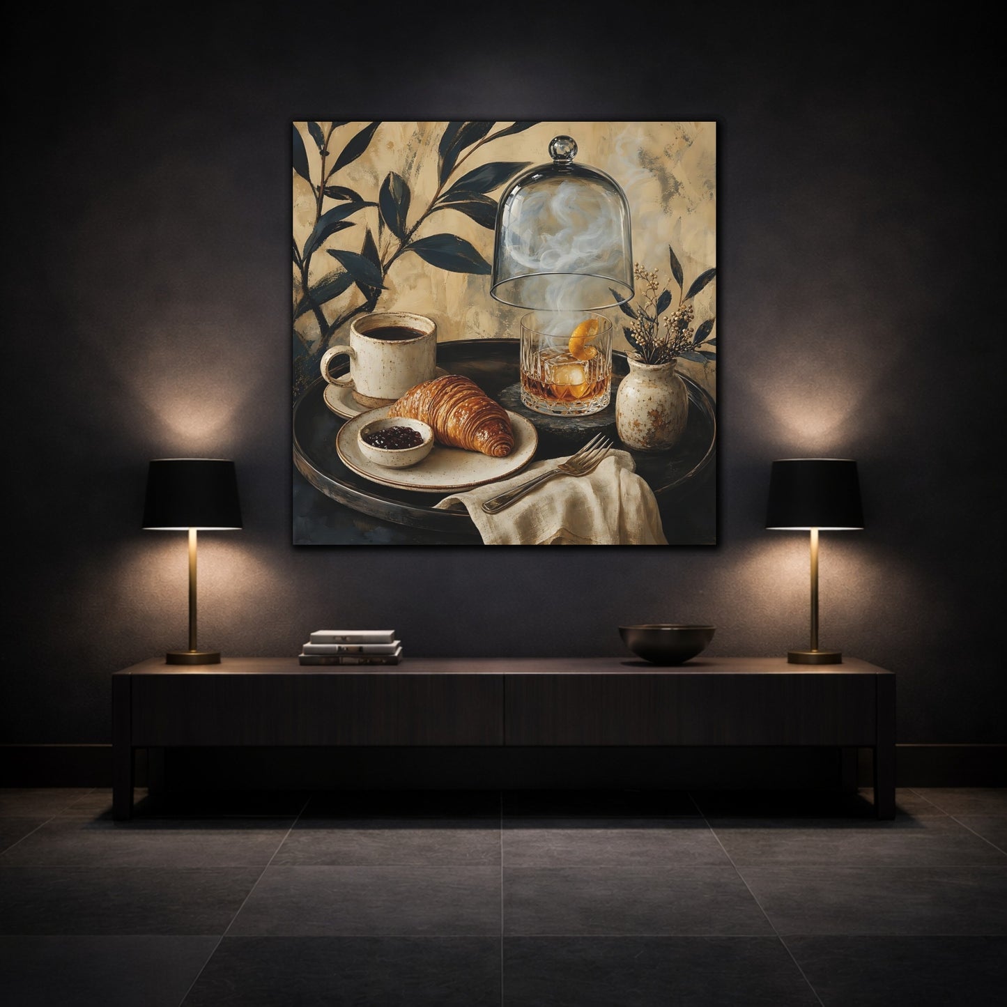 Mockup 3. Vintage Breakfast Spread Brown And Gold Breakfast shown as stretched canvas wall art