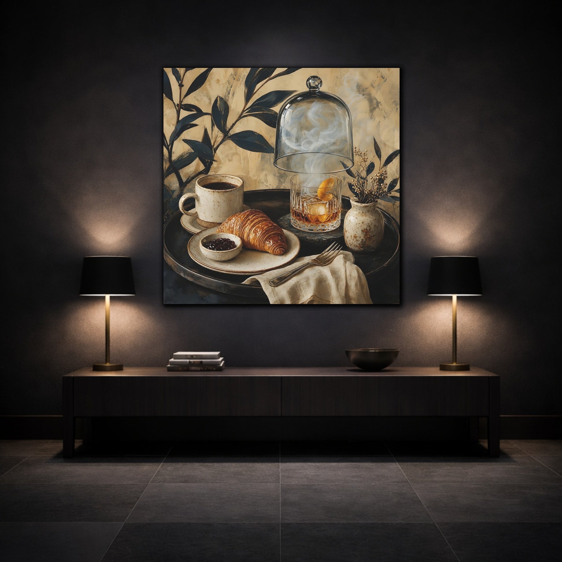 Mockup 3. Vintage Breakfast Spread Brown And Gold Breakfast shown as stretched canvas wall art
