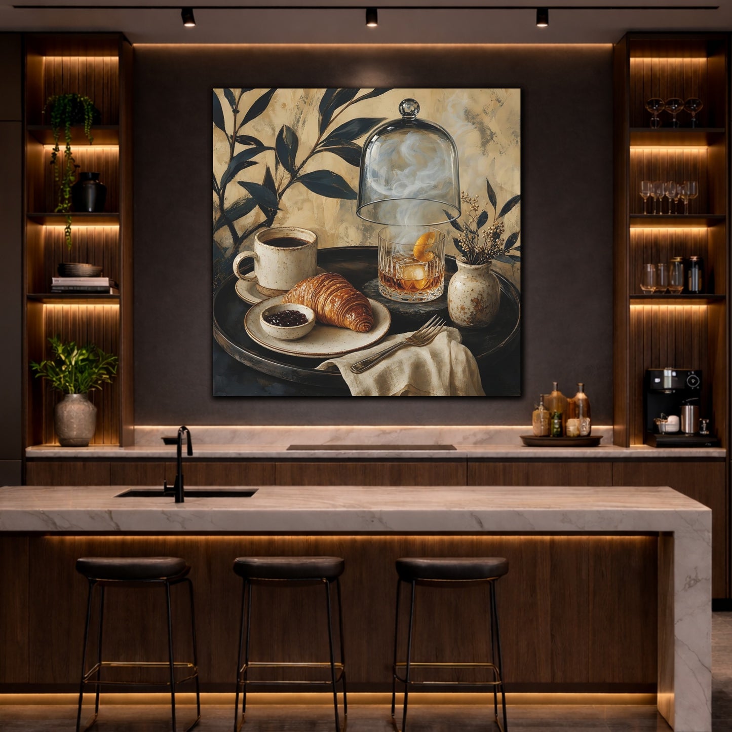 Mockup 4. Vintage Breakfast Spread Brown And Gold Breakfast shown as stretched canvas wall art