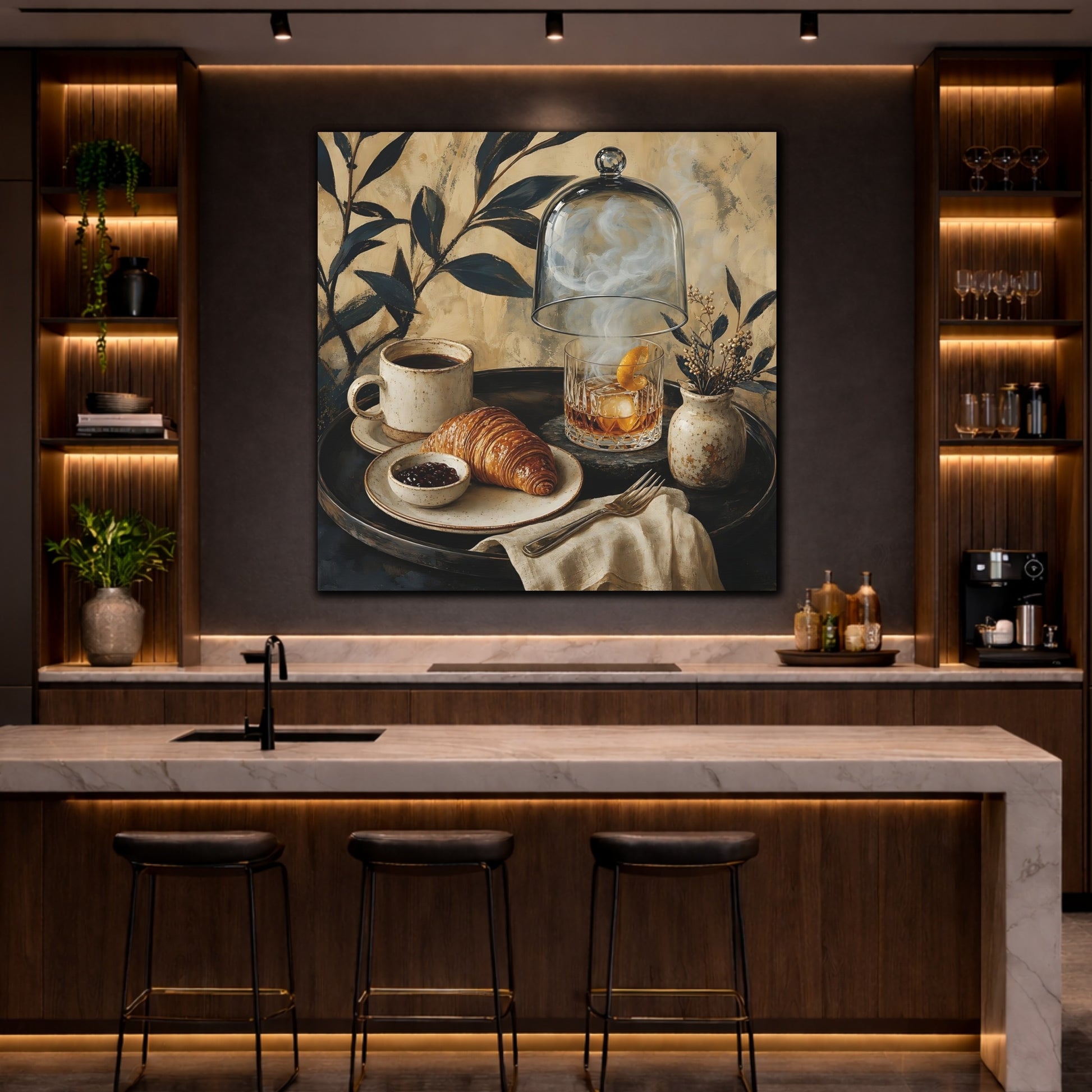 Mockup 4. Vintage Breakfast Spread Brown And Gold Breakfast shown as stretched canvas wall art