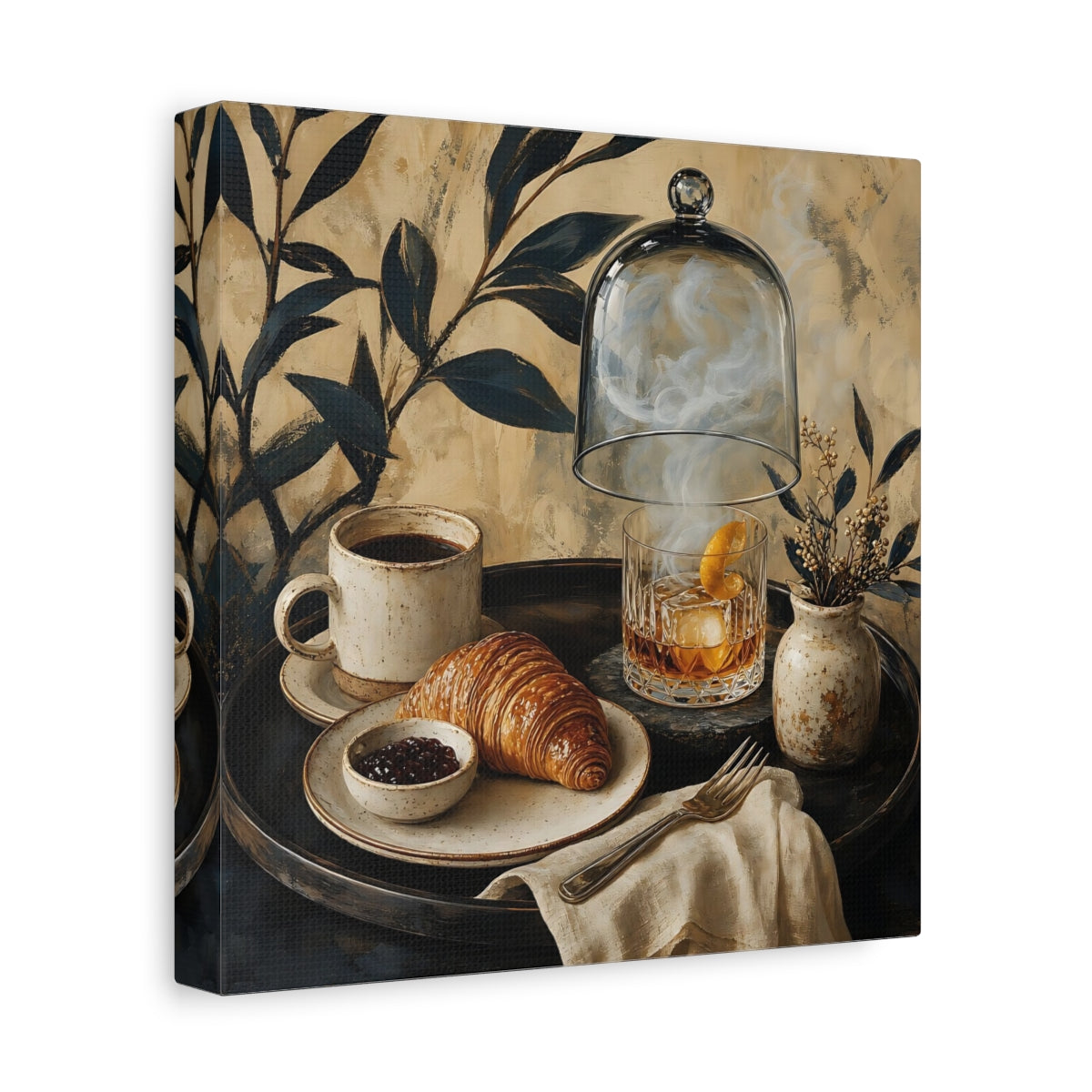 Side Mockup 9. Vintage Breakfast Spread Brown And Gold Breakfast shown as stretched canvas wall art