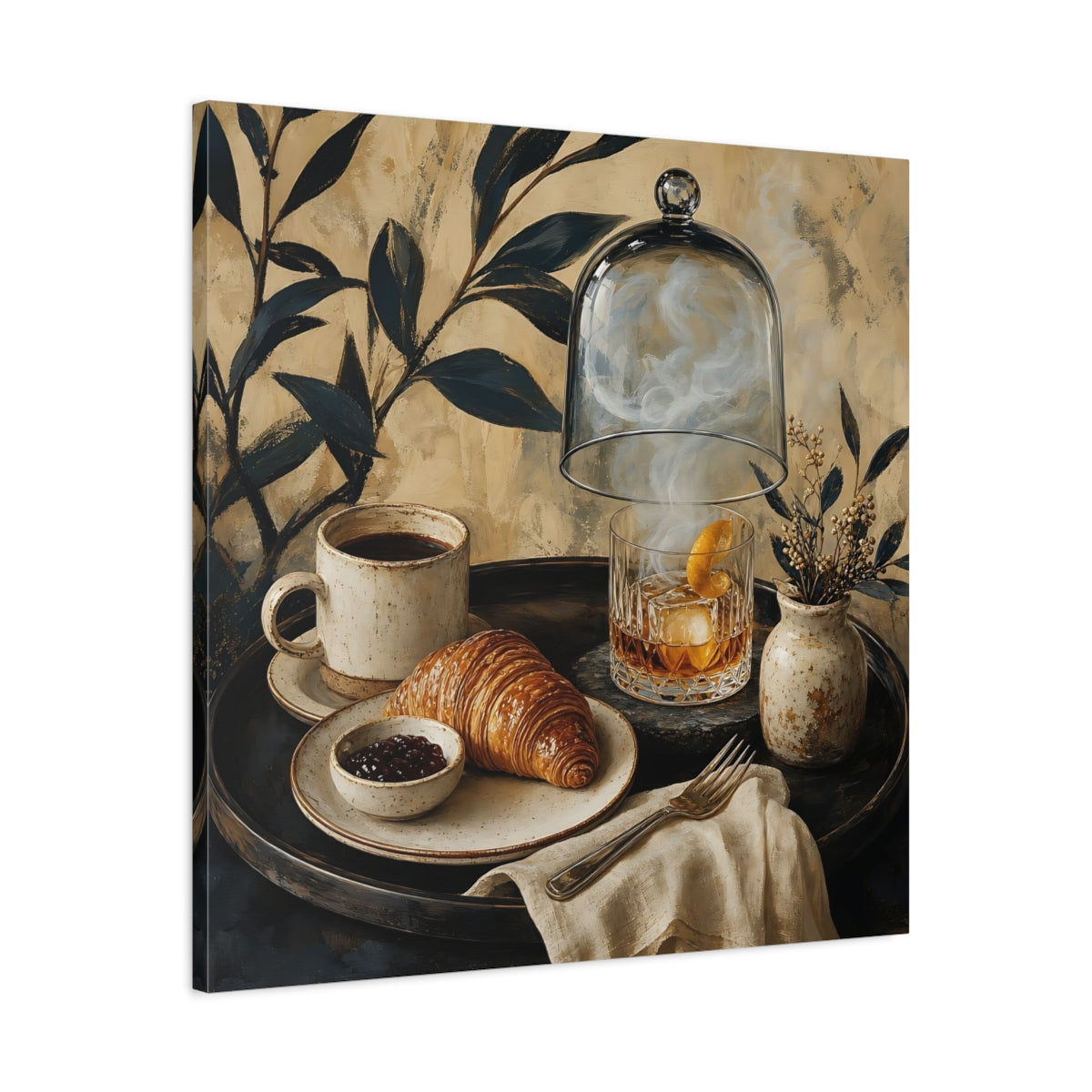 Side Mockup 3. Vintage Breakfast Spread Brown And Gold Breakfast shown as stretched canvas wall art