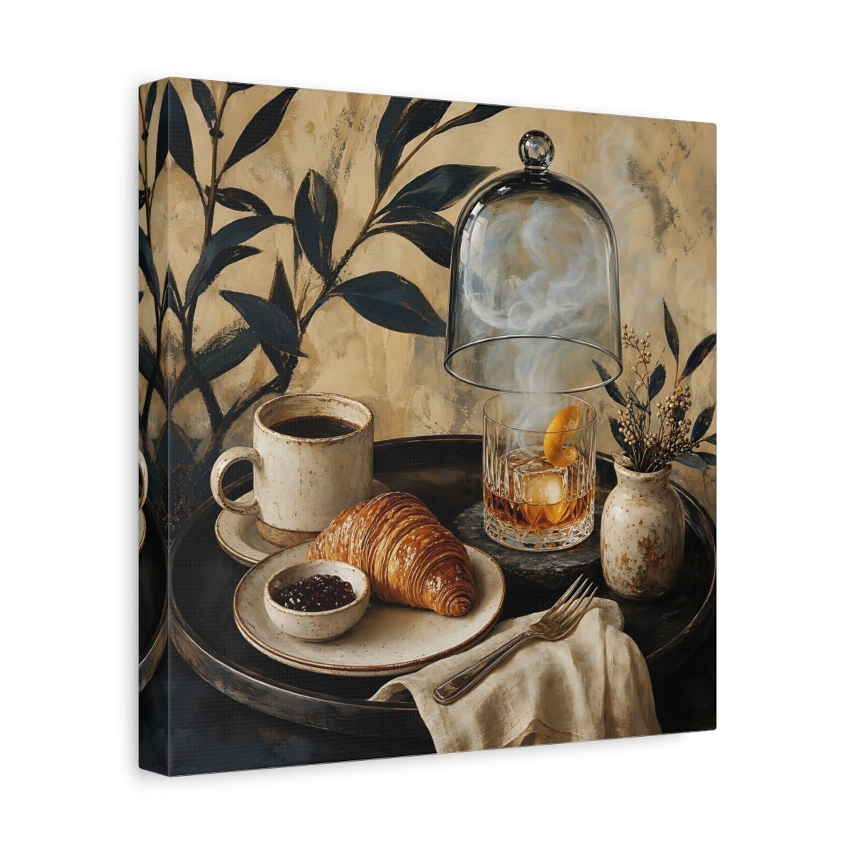 Side Mockup 8. Vintage Breakfast Spread Brown And Gold Breakfast shown as stretched canvas wall art