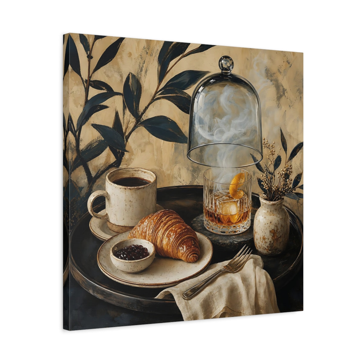 Side Mockup 4. Vintage Breakfast Spread Brown And Gold Breakfast shown as stretched canvas wall art