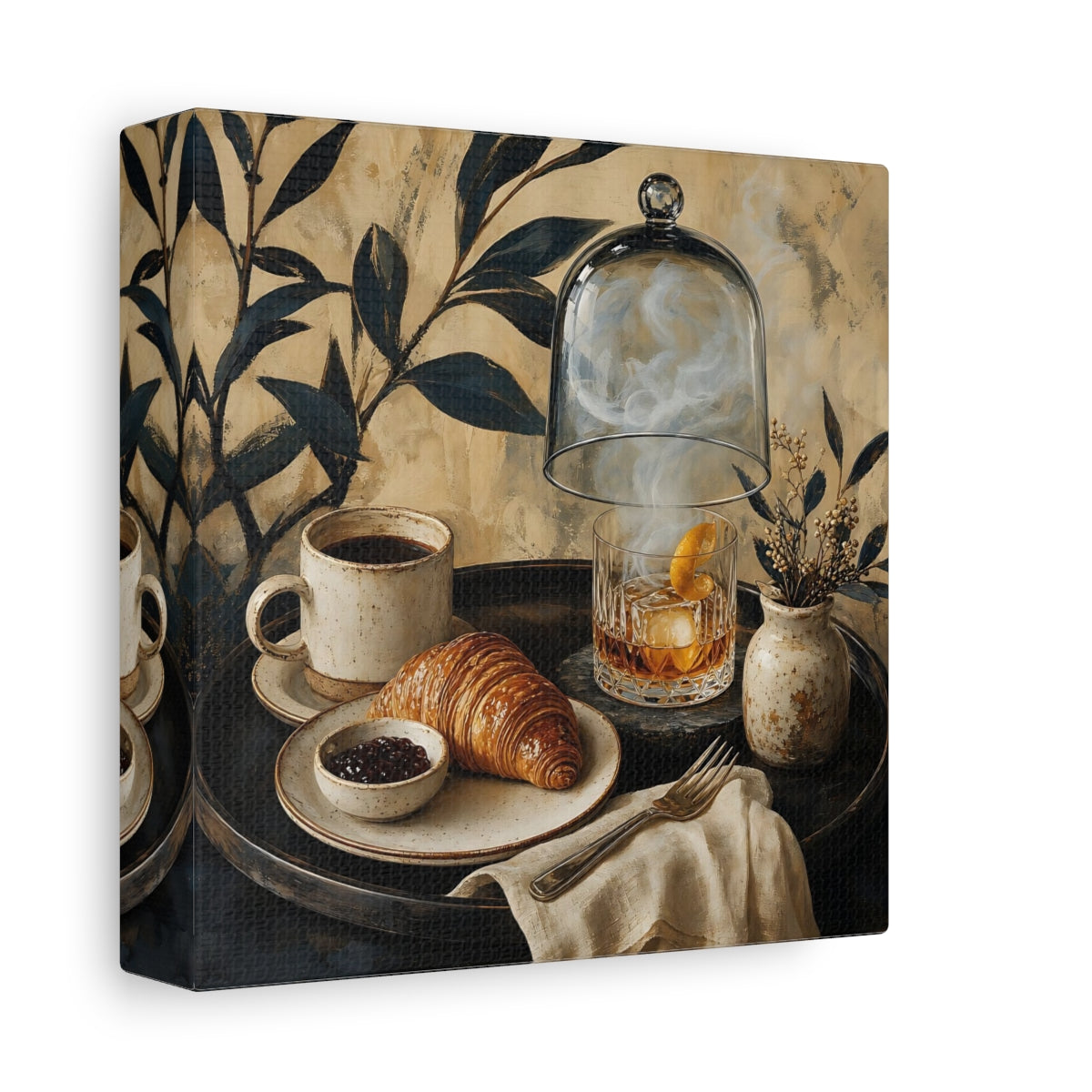 Side Mockup 2. Vintage Breakfast Spread Brown And Gold Breakfast shown as stretched canvas wall art