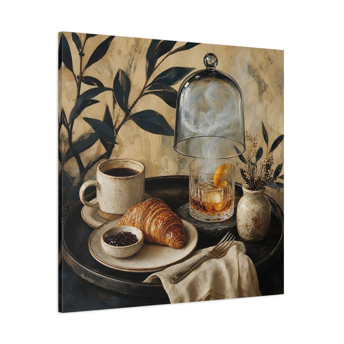 Side Mockup 1. Vintage Breakfast Spread Brown And Gold Breakfast shown as stretched canvas wall art
