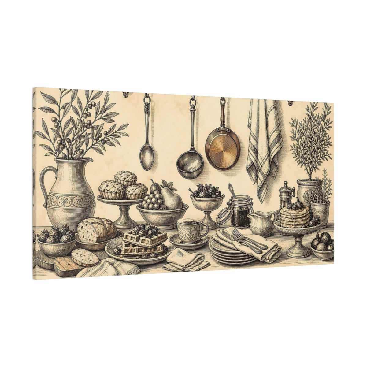 Side Mockup 2. Vintage Breakfast Spread shown as canvas print