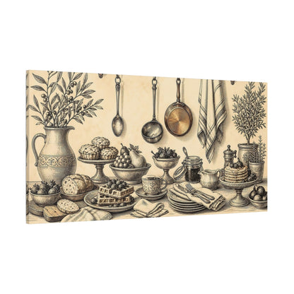 Side Mockup 2. Vintage Breakfast Spread shown as canvas print