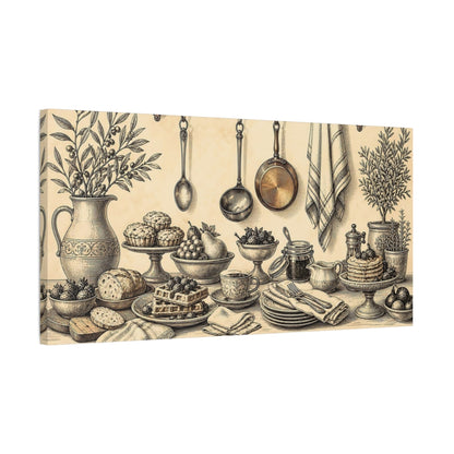 Side Mockup 1. Vintage Breakfast Spread shown as canvas print