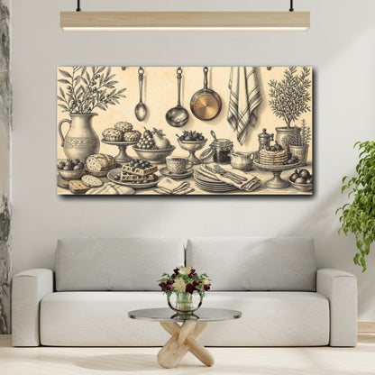 Mockup 2. Vintage Breakfast Spread shown as canvas print
