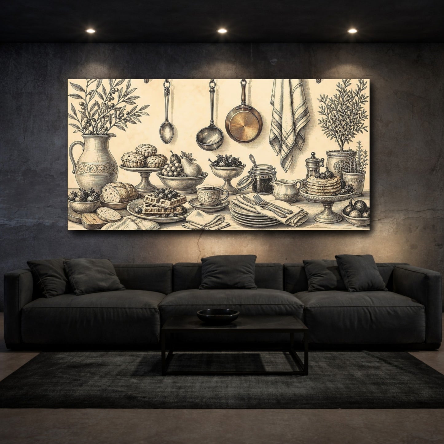 Mockup 3. Vintage Breakfast Spread shown as canvas print