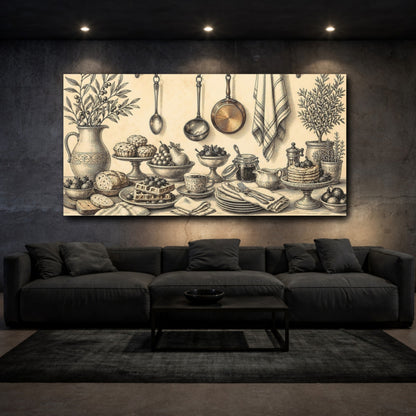 Mockup 3. Vintage Breakfast Spread shown as canvas print