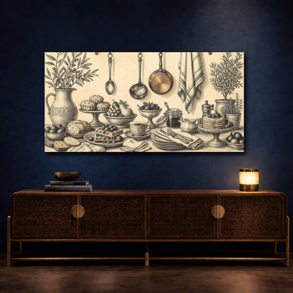 Mockup 4. Vintage Breakfast Spread shown as canvas print