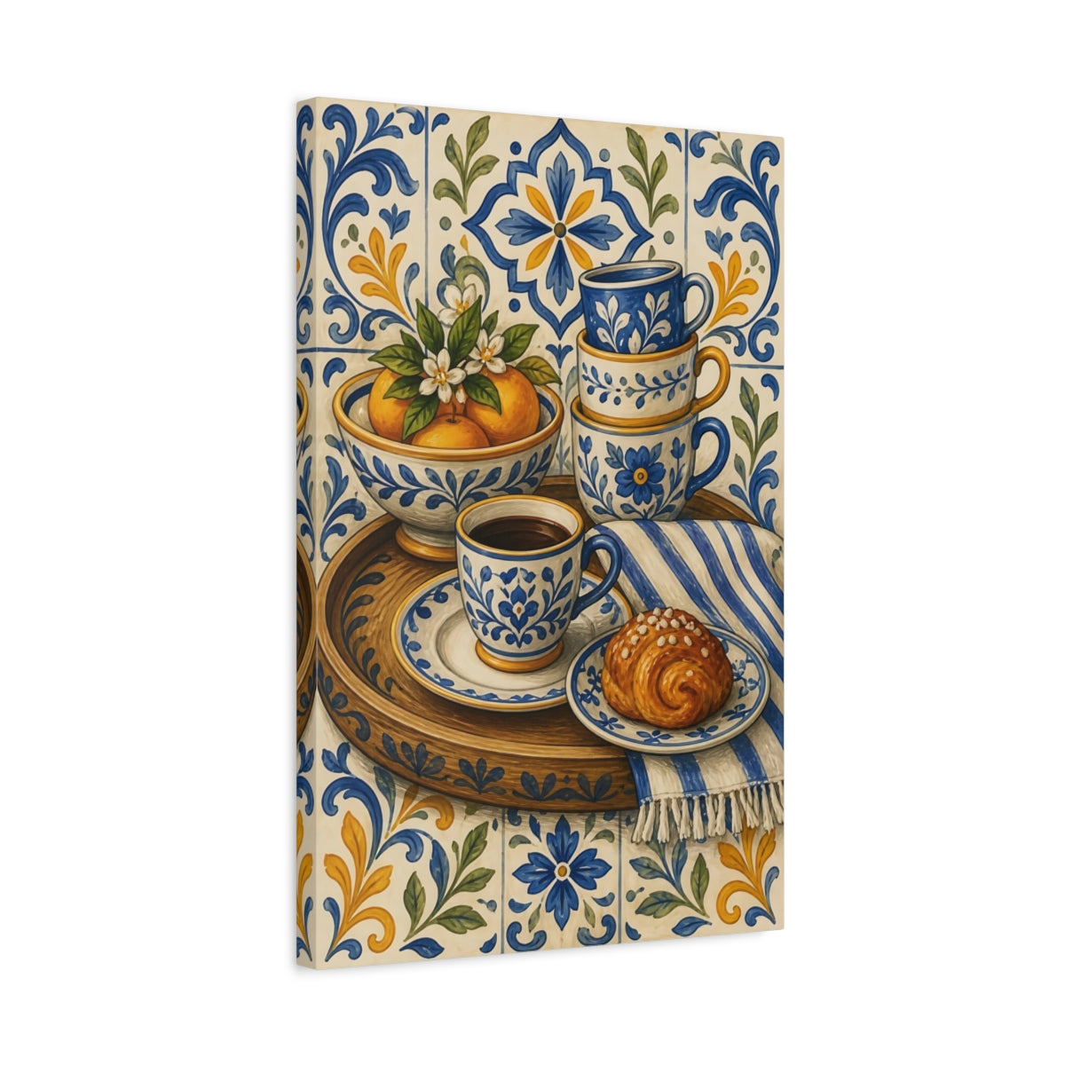 Side Mockup 3. Vintage Breakfast Still Life Blue And Yellow Breakfast shown as stretched canvas wall art